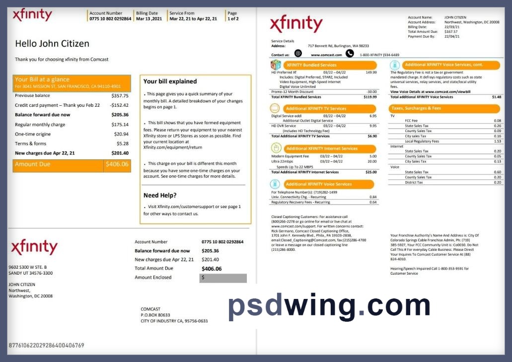 USA San Francisco Xfinity Comcast Utility Bill (2 Pages)